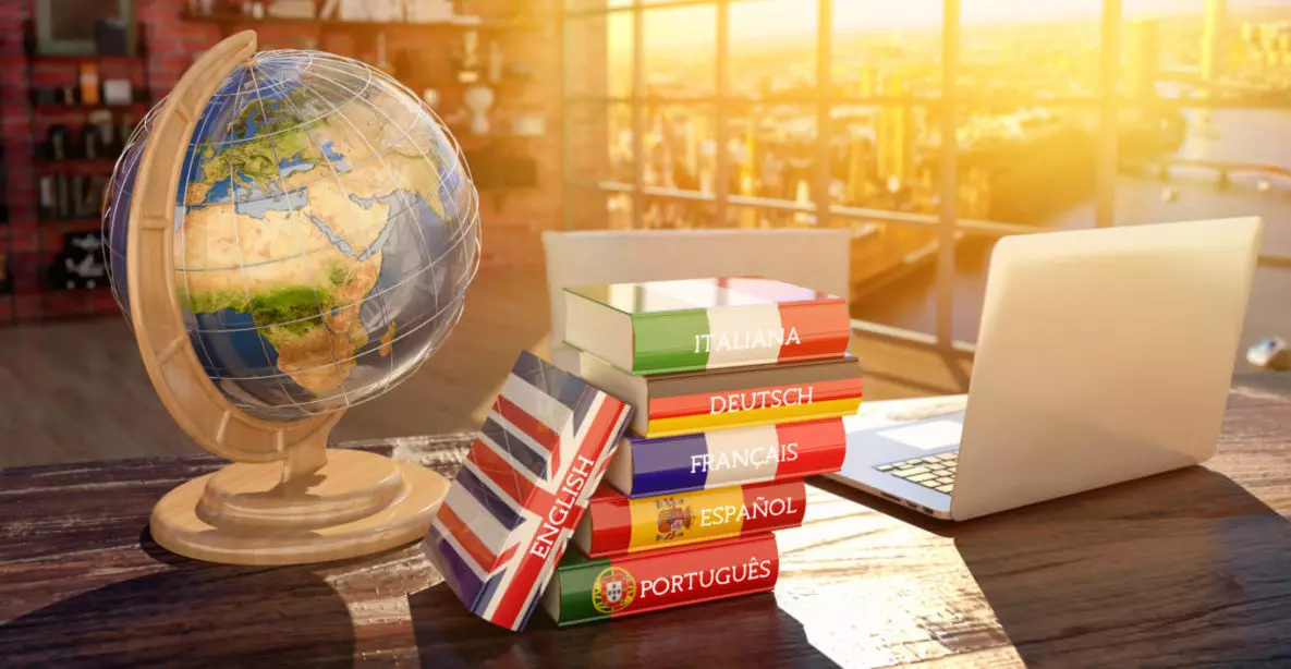 Languages learning and translate, communication and travel concept, books with covers in colors of flags of Europe countries, laptop and globe on a table in a modern interior
