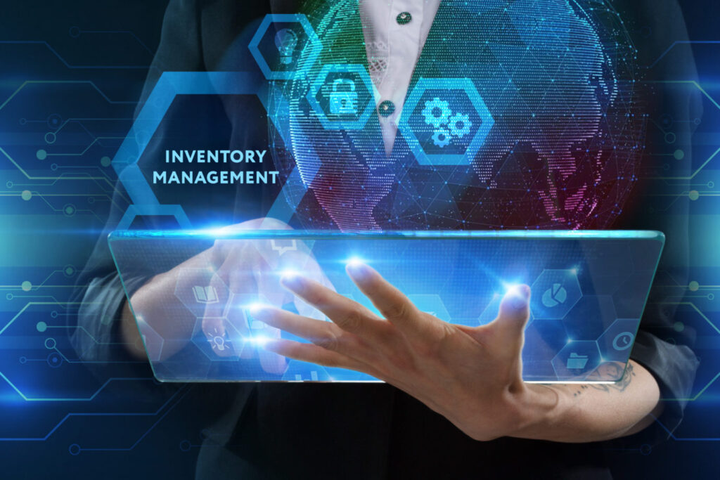 Inventory Management. Lady holding tablet with icons.