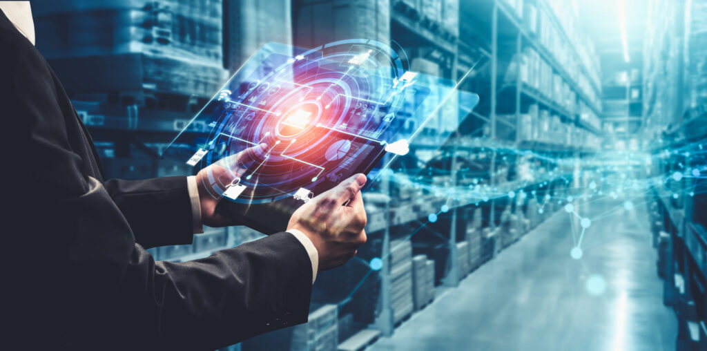 Managing Logistics. Smart warehouse management system with innovative internet of things technology to identify package picking and delivery . Future concept of supply chain and logistic network business .
