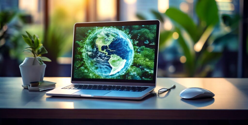 Sustainability image with mouse and modern laptop computer with sustainability