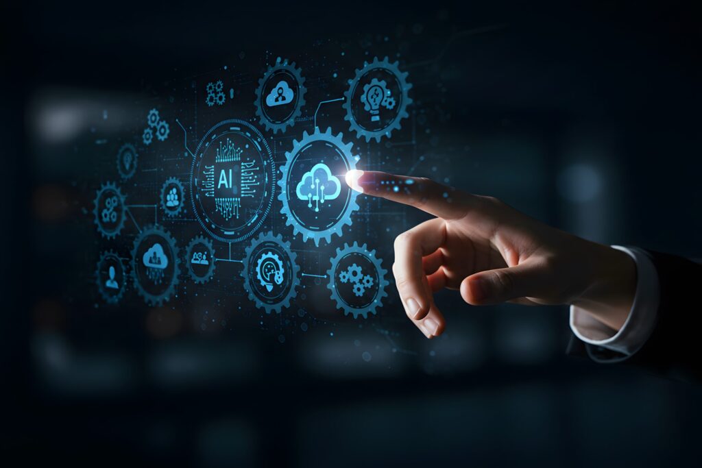 Smart industry 4.0, automation and optimisation concept on virtual. business and modern technology concept. human hand with gears