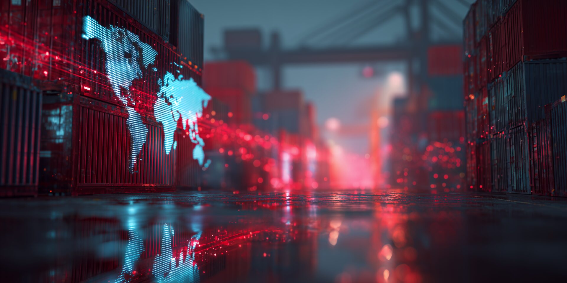 Cargo containers with a world map and red connection lines reflecting on the ground, illuminated with digital light. concept for global logistics, supply chain management and international trade