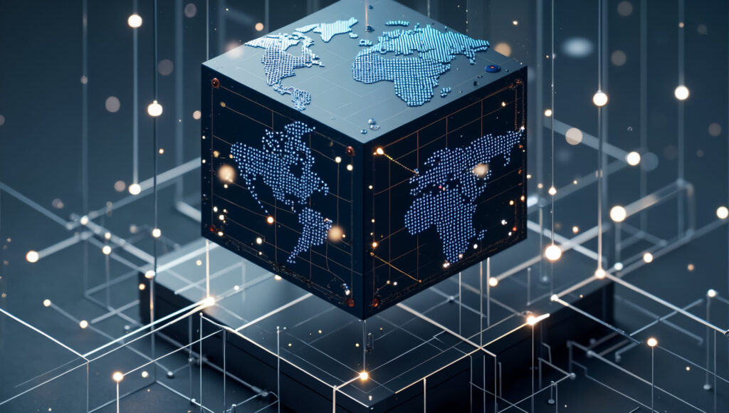 A glowing cube displaying a world map floats above a digital network grid. This image represents global connectivity, data analysis, or worldwide technology infrastructure. Ideal for themes like inter