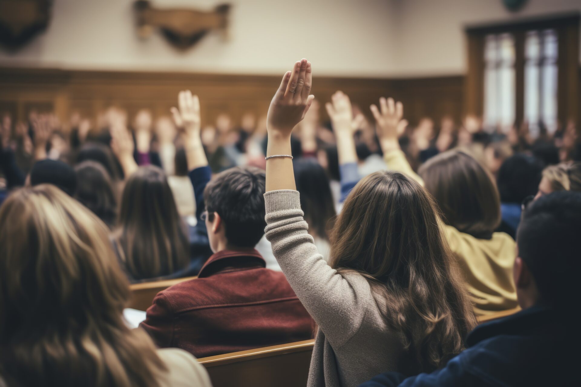 Confident people raising hand in a seminar with workshop audience in the background.